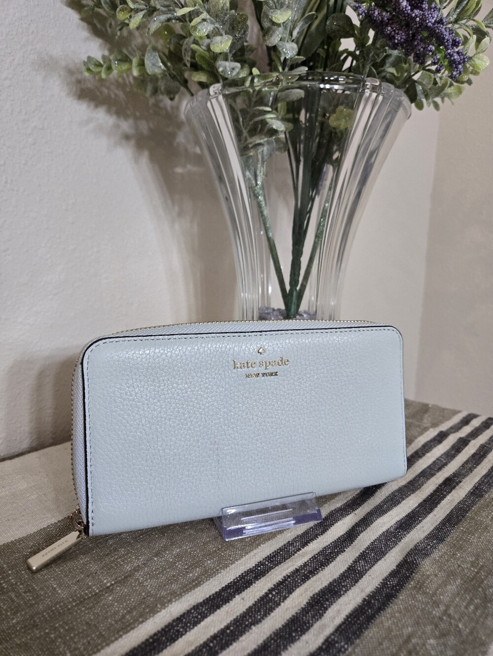 Kate Spade Pale Blue Zip-Around Pebbled Leather Wallet